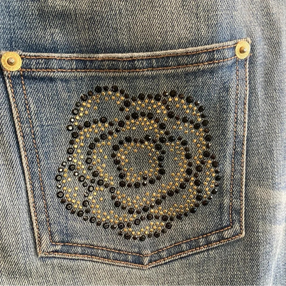 ST-JOHN Sz 8 Distressed Wiskering Mid-Wash Straight Leg Rosette on Pocket Jeans - Picture 8 of 11